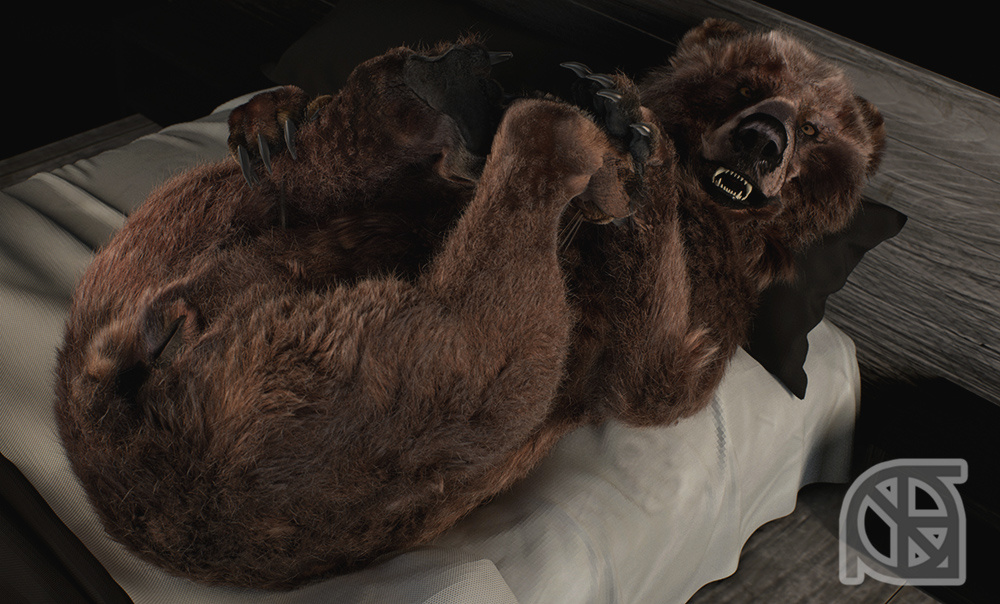 3d_(artwork) animal_genitalia animal_pussy anthro anus anya_(cosmiclife) bed brown_eyes brown_fur butt claws cosmiclife digital_media_(artwork) feet feet_up female feral fur hindpaw looking_at_viewer lying mammal on_back pawpads paws pinup pose pussy realistic semi-anthro smile solo spreading teeth ursid