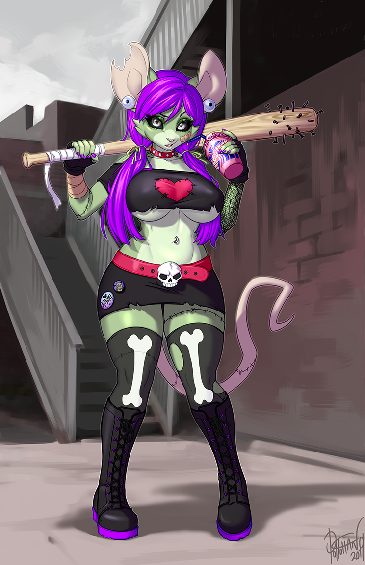 anthro band-aid bandage baseball_bat bat_(object) beverage breasts clothed clothing female mammal mouse murid murine navel navel_piercing nipple_outline piercing pollo-chan rodent solo standing tight_clothing wide_hips