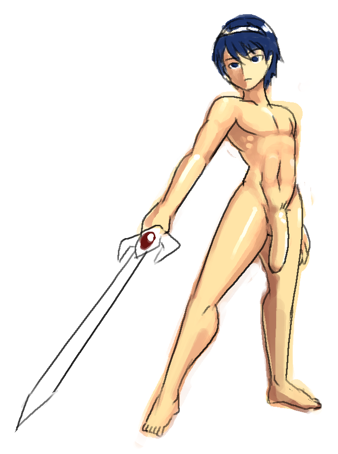 1boy abs barefoot blue_eyes blue_hair falchion_(fire_emblem) fire_emblem fire_emblem:_monshou_no_nazo hair holding holding_weapon long_penis male male_focus male_only marth minus8 muscles muscular muscular_male navel nintendo nude nude_male penis pose royalty sword testicles