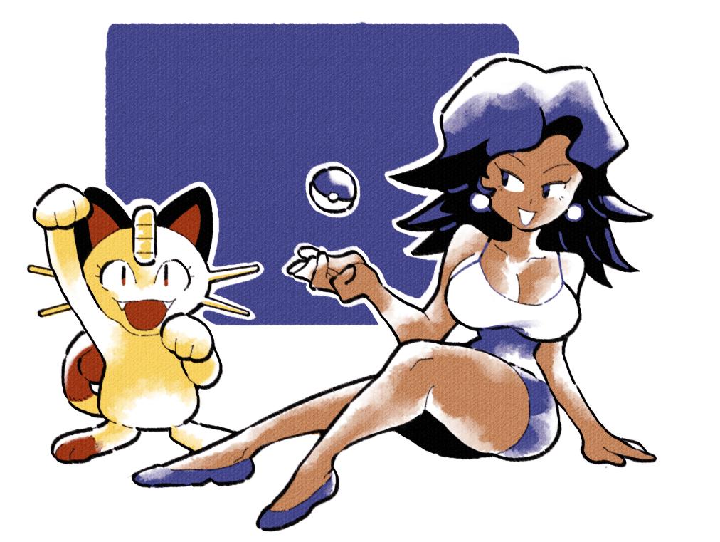 beauty_(pok&eacute;mon) blue_background blue_eyes blue_hair breasts cleavage clothed clothing coin domestic_cat ear_piercing ear_ring felid feline felis female fur hair human inkuusan mammal meowth nintendo piercing pok&eacute;ball pok&eacute;mon pok&eacute;mon_(species) simple_background smile video_games white_background yellow_fur