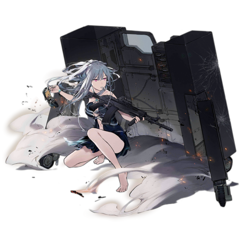 1girl ak-12 ak-12_(girls_frontline) alternate_costume alternate_hairstyle aquamarine_(gemstone) assault_rifle bangs barefoot black_footwear blue_dress braid breasts cleavage dress duoyuanjun eyebrows_visible_through_hair facing_viewer floating_hair french_braid girls_frontline gun halter_dress high_heels holding holding_gun holding_shoes holding_weapon legs_crossed light_particles long_dress long_hair medium_breasts mouth_hold official_art one_knee ponytail purple_eyes ribbon rifle shield shoes shoes_removed sidelocks silver_hair sitting sleeveless sleeveless_dress smile smoke solo taking_cover torn_clothes torn_dress transparent_background very_long_hair weapon weapon_case wristband