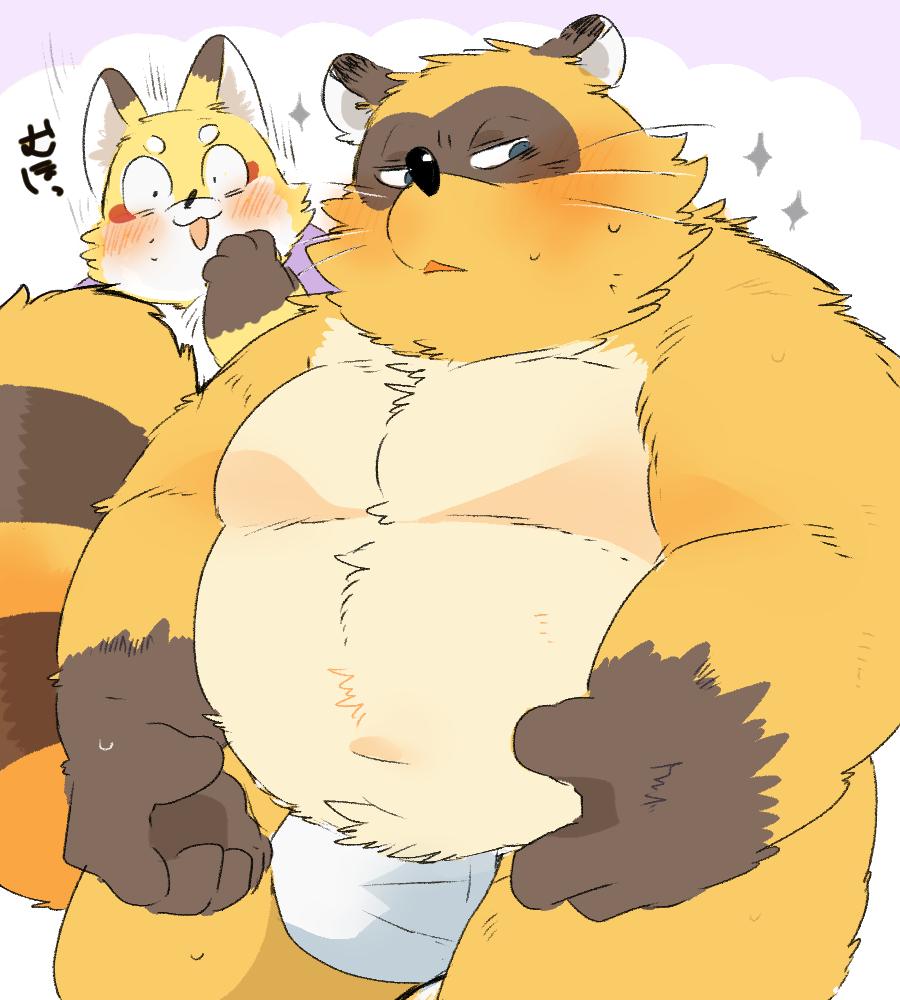 2019 anthro belly blush bulge canid canine clothing duo fox fundoshi humanoid_hands hyaku1063 japanese_clothing japanese_text male mammal navel overweight overweight_male raccoon_dog tanuki text underwear
