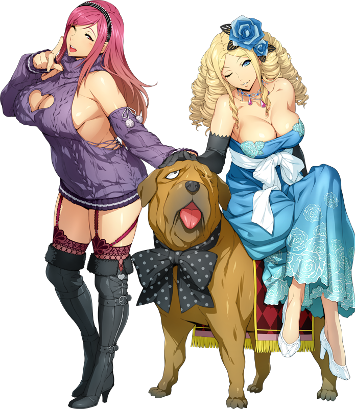 2girls arm_up bangs black_footwear black_gloves blonde_hair blue_dress blue_eyes boots breasts character_request cleavage cleavage_cutout cross_scar detached_sleeves dog dress drill_hair elbow_gloves flower garter_straps gloves hair_flower hair_ornament heart_cutout high_heels jewelry large_breasts legs_crossed long_hair looking_at_viewer mastiff multiple_girls necklace official_art one_eye_closed open_mouth over-kneehighs parted_bangs petting pink_eyes pink_hair pumps riding scar scar_across_eye smile standing strapless strapless_dress super_robot_wars super_robot_wars_x-omega thighhighs transparent_background turtleneck watanabe_wataru white_footwear