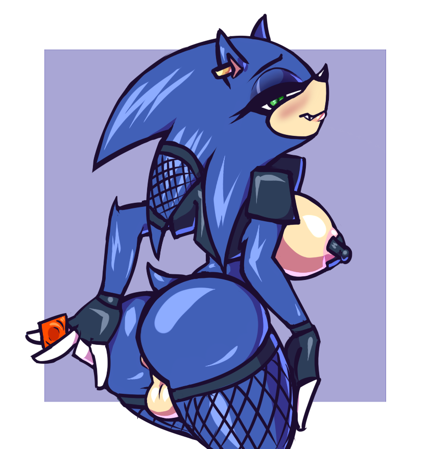 2019 anus areola balls big_breasts blush breasts butt clothing condom dickgirl ear_piercing eulipotyphlan fishnet gloves green_eyes hedgehog intersex jacket legwear looking_at_viewer mammal neayix nipple_tape nipples pasties penis piercing simple_background smile solo sonic_(series) sonic_the_hedgehog tape thick_thighs topwear