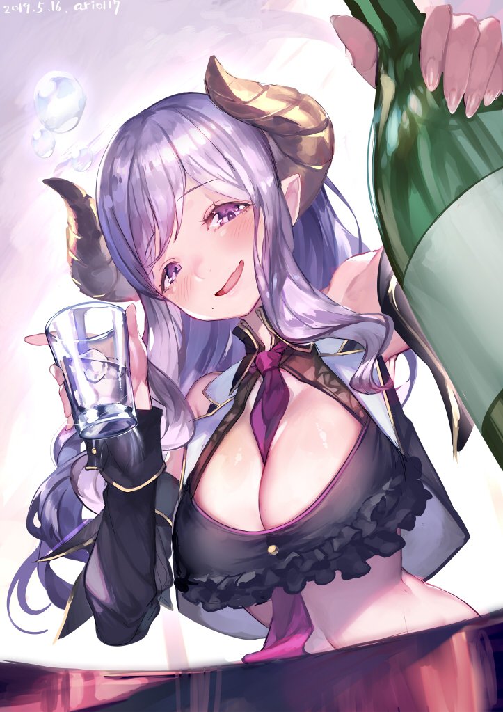 1girl alcohol ario bangs between_breasts blush bottle breasts cleavage commentary cup dated demon_girl demon_horns detached_sleeves drinking_glass from_below honey_strap horns ice ice_cube large_breasts long_hair long_sleeves looking_at_viewer mole mole_under_mouth navel necktie necktie_between_breasts open_mouth pointy_ears purple_eyes purple_hair purple_neckwear saionji_mary sidelocks signature sitting smile solo virtual_youtuber