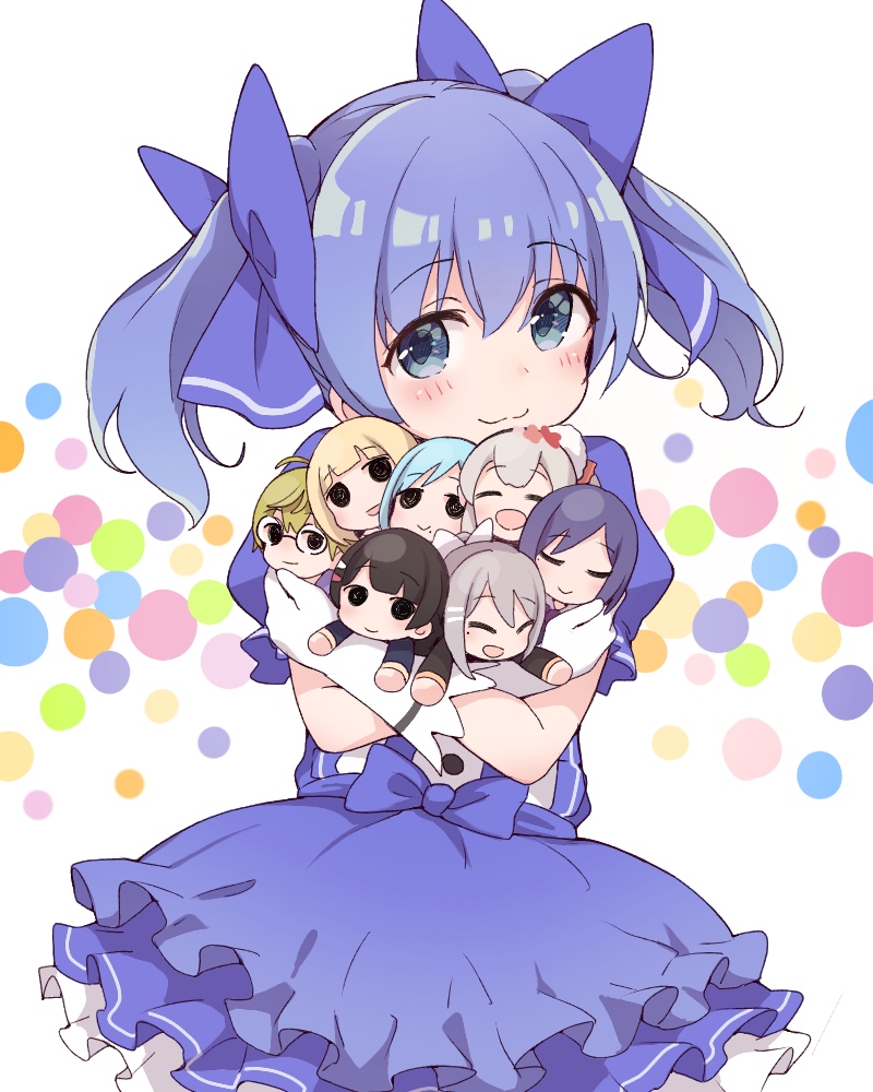 1girl :d bangs black_hair blonde_hair blue_bow blue_dress blue_eyes blue_hair blush bow character_doll closed_eyes closed_mouth commentary ddak5843 doll_hug dress elbow_gloves elu_(nijisanji) eyebrows_visible_through_hair glasses gloves green_hair grey_hair hair_between_eyes hair_bow higuchi_kaede long_hair moira_(nijisanji) nijisanji open_mouth puffy_short_sleeves puffy_sleeves shibuya_hajime shizuka_rin short_sleeves smile solo suzuya_aki tsukino_mito twintails virtual_youtuber white_background white_gloves yuuki_chihiro