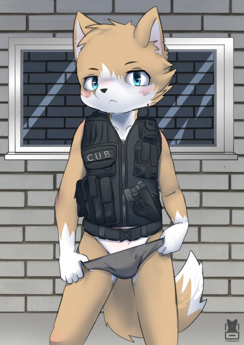 anthro blue_eyes blush bulge canid canine canis clothing cub cubboard fur gun handgun inner_ear_fluff interrogation_room kemono looking_at_viewer male mammal officer pistol police ranged_weapon solo standing underwear undressing vest weapon wolf young