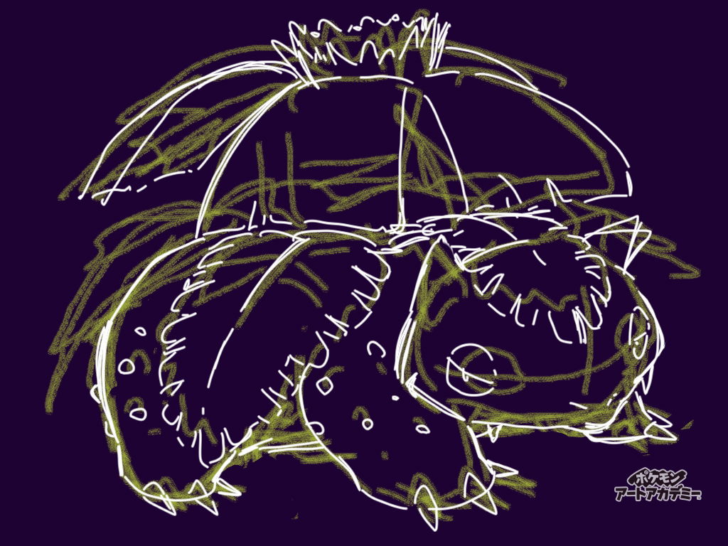 claws closed_mouth creatures_(company) fangs full_body game_freak gen_1_pokemon half-closed_eyes ivysaur japanese_text nintendo no_humans pokemon pokemon_(creature) purple purple_background simple_background sketch solo sunaxet translation_request watermark
