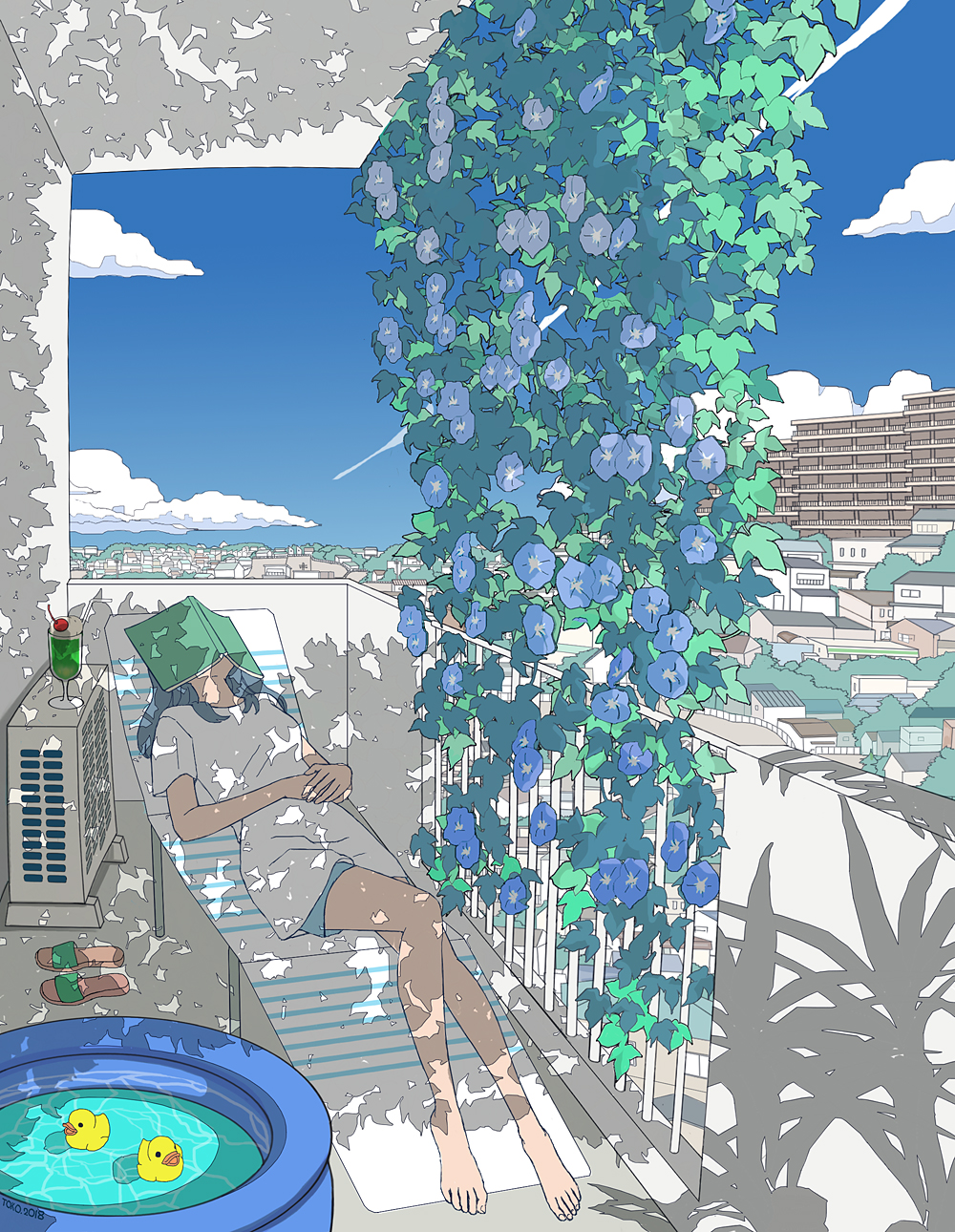 1girl balcony bare_legs barefoot blue_flower blue_hair blue_shorts blue_sky book book_on_head building chair cityscape cloud commentary_request cup day drinking_glass drinking_straw flower hands_together highres lounge_chair morning_glory object_on_head original own_hands_together plant rubber_duck sandals sandals_removed scenery seraphitalg shadow shirt shorts sky solo wading_pool water white_shirt