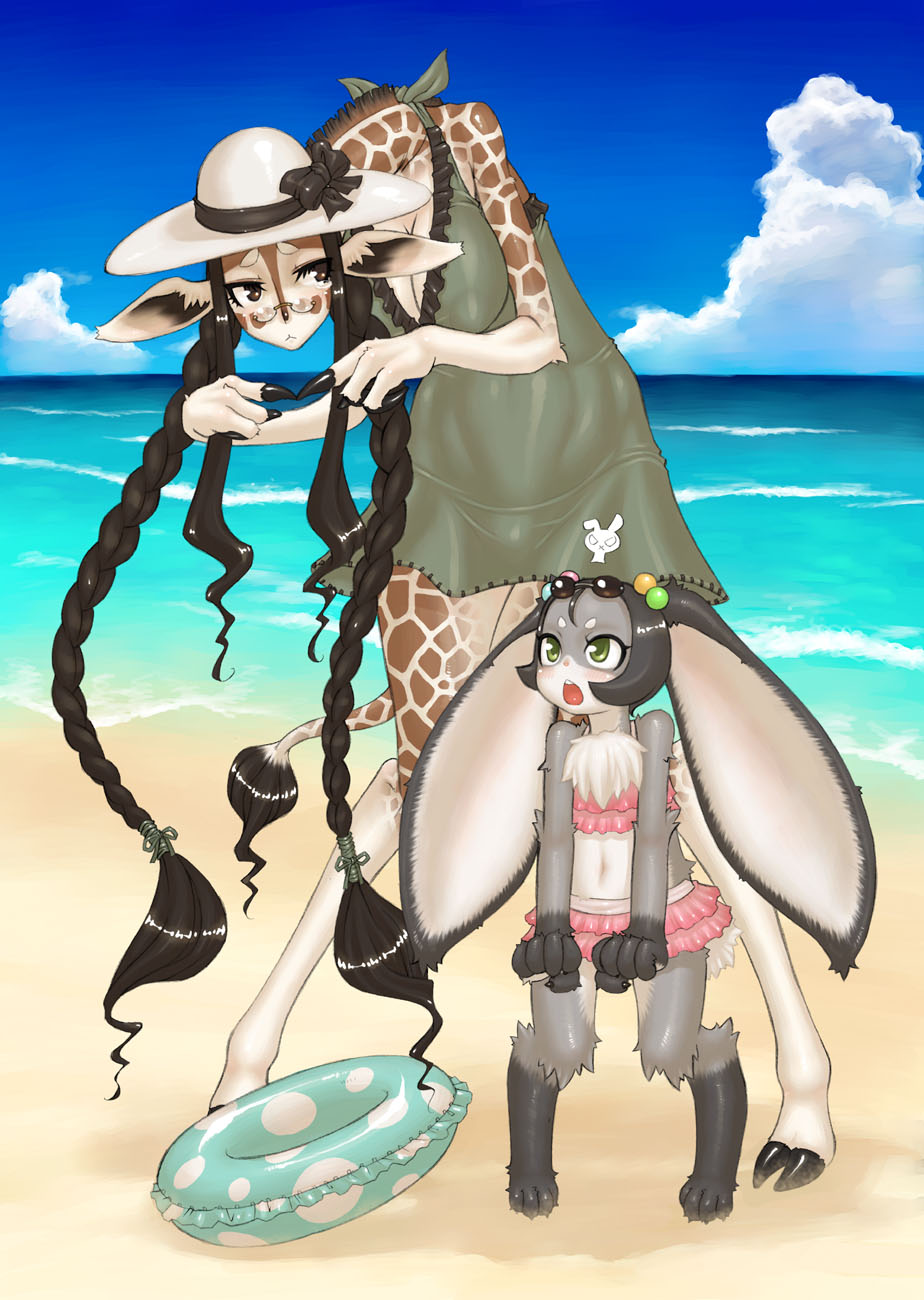 2_fingers 4_toes 5_fingers angry anthro beach big_breasts black_fur black_hair blue_sky blush bottomwear braided_hair breasts brown_eyes brown_fur brown_spots chest_tuft cleavage clothed clothing cloud dress ear_tuft embarrassed eyebrows eyewear female frilly fur fur_tuft giraffe giraffid glasses glistening glistening_fur glistening_hair green_clothing green_dress grey_hair hair hat headgear headwear hi_res hooves horn lagomorph larger_female leporid long_ears long_neck looking_up mammal midriff namu_gunsou open_mouth ossicone pink_bottomwear pink_clothing pink_skirt pink_swimwear pink_topwear rabbit raised_inner_eyebrows red_tongue ribbons sand sea seaside size_difference skirt sky slim smaller_female spots standing sundress swimwear tail_tuft tan_fur tight_clothing toes topwear tuft water
