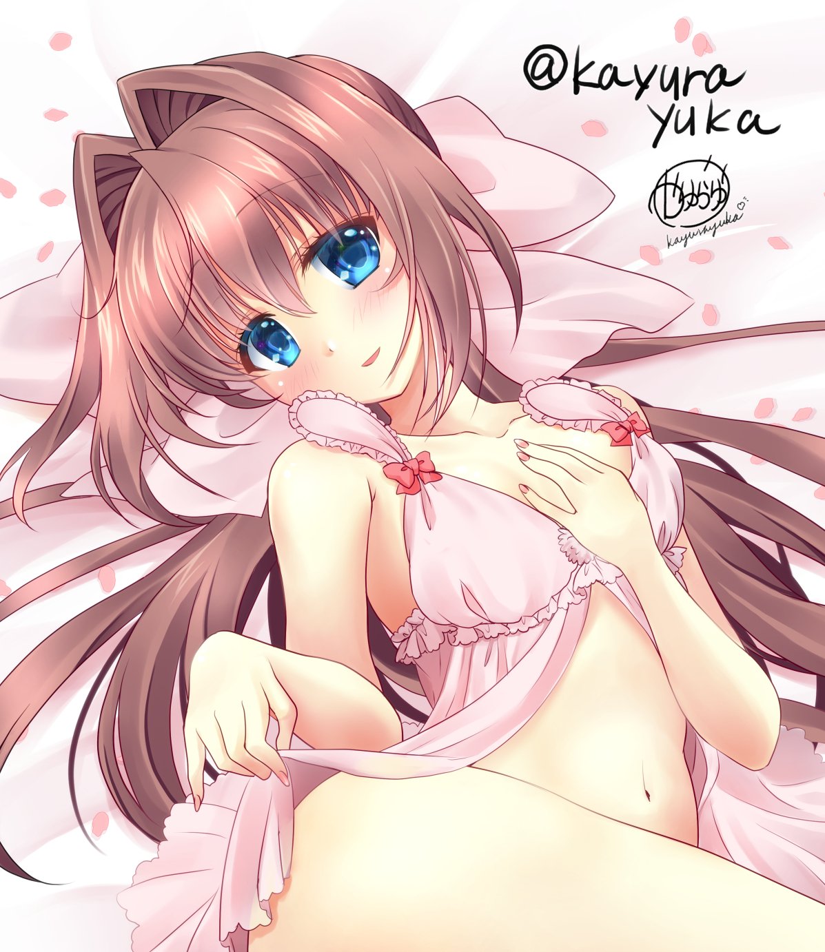 1girl artist_name asakura_otome bare_arms bare_legs bare_shoulders bed_sheet blue_eyes blush bow breasts brown_hair camisole cherry_blossoms collarbone commentary_request da_capo da_capo_ii eyebrows_visible_through_hair hair_between_eyes hair_bow hand_on_own_chest highres kayura_yuka long_hair looking_at_viewer lying nail_polish navel no_panties on_back open_mouth pink_ribbon ribbon shirt_lift signature small_breasts solo