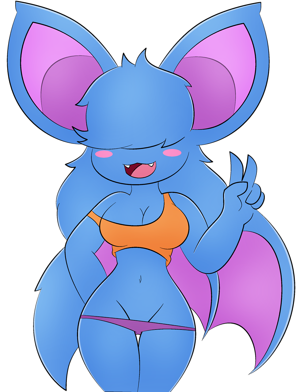 alpha_channel anthro bangs_(character) big_ears blush blush_stickers breasts chiropteran cleavage clothed clothing crop_top cute_fangs female gesture hair_over_eyes hi_res mammal membranous_wings midriff navel nintendo off_shoulder open_mouth panties pok&eacute;mon pok&eacute;mon_(species) pok&eacute;morph shirt smile solo topwear underwear v_sign video_games winged_arms wings zinzoa zubat
