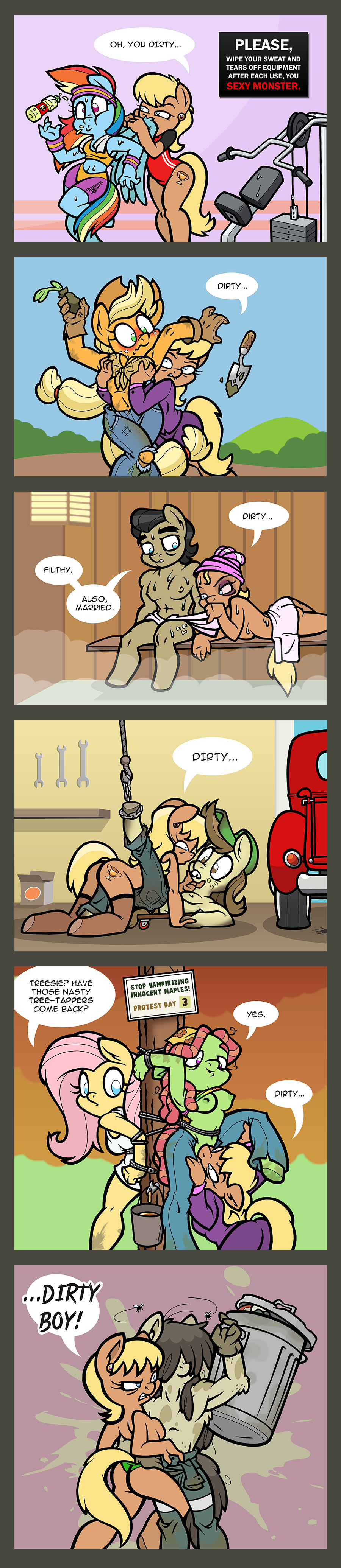 2017 absurd_res anthro anthrofied applejack_(mlp) areola black_eye_(injury) blush bottle bound breasts clothing comic dialogue english_sext equid equine female female/female filthy_rich_(mlp) fluttershy_(mlp) fondling friendship_is_magic hayseed_turnip_truck_(mlp) hi_res horse male male/male mammal ms._harshwhinny_(mlp) my_little_pony nipples pony pterippus rainbow_dash_(mlp) sauna sniffing sweat toonbat trash_can tree_hugger_(mlp) tree_sap