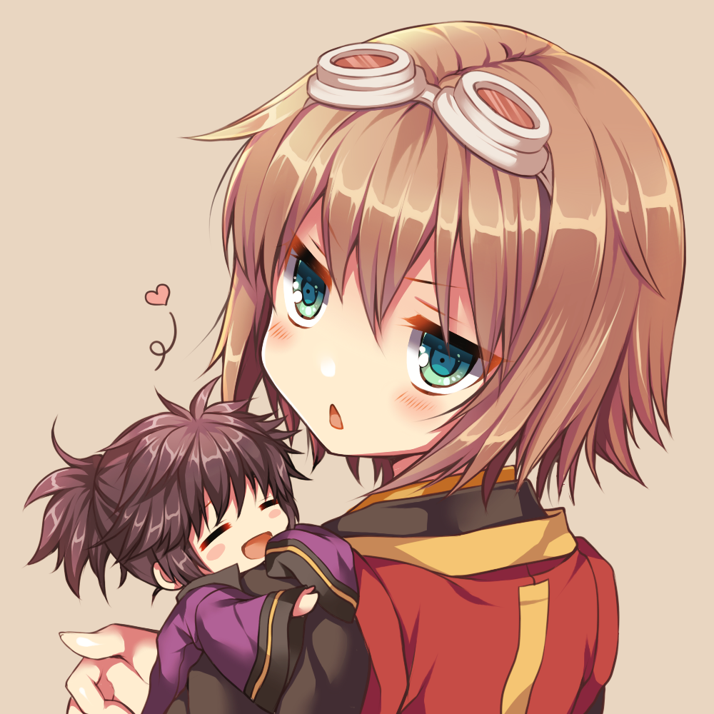 1boy 1girl annoyed ayamisiro black_hair blush brown_background brown_hair chibi closed_eyes goggles goggles_on_head green_eyes happy heart looking_at_viewer messy_hair no_nose open_mouth ponytail purple_coat raven_(tales) rita_mordio short_hair simple_background tales_of_(series) tales_of_vesperia upper_body