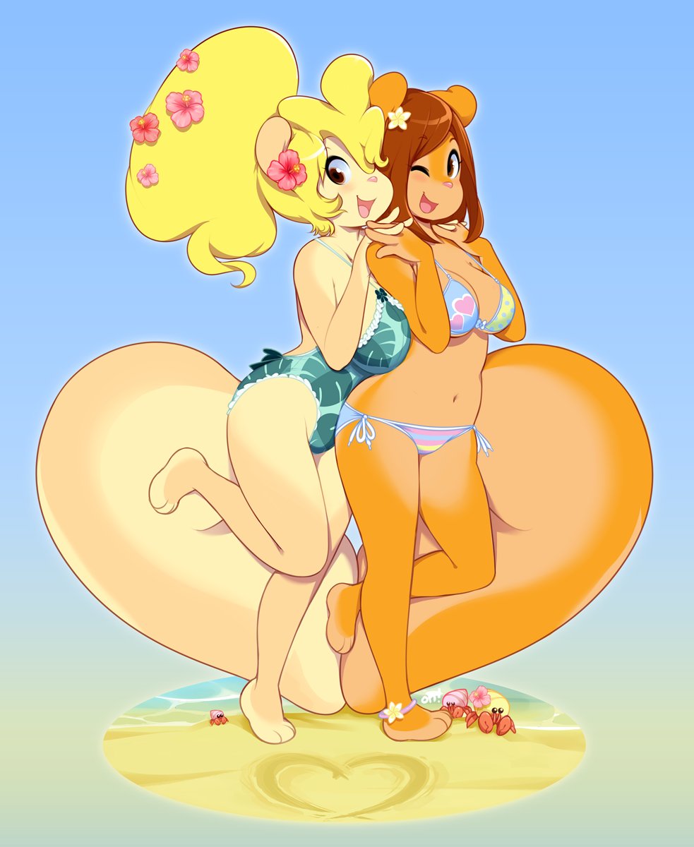 ambient_crab ambient_sealife anthro anthro_on_anthro arthropod bangs barefoot beach big_tail bikini biped blonde_hair blue_clothing blush bra breasts brown_eyes brown_hair clothed clothing cream_(miu) crustacean duo english_text female female/female flower flower_in_hair fur green_clothing hair hair_ornament hand_holding hermit_crab hi_res huge_tail humanoid_hands long_hair long_tail looking_at_viewer mammal marine midriff miu multicolored_clothing navel on_one_leg one-piece_swimsuit one_eye_closed open_mouth open_smile orange_fur panties peaches_(miu) pink_nose pink_tongue plant rodent sciurid seaside smile standing swimwear tan_fur text toes tongue tree_squirrel underwear wink yellow_eyes