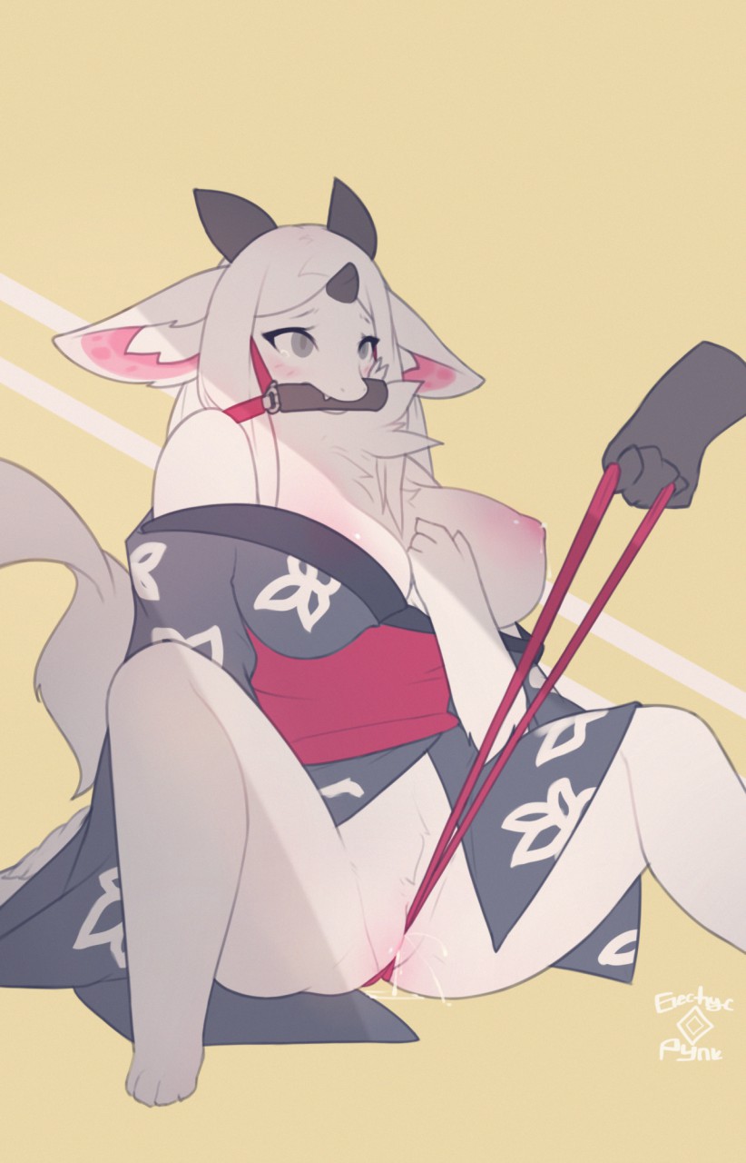 2019 4_fingers 4_toes bdsm bit_gag blush breasts clothing cute_fangs digital_media_(artwork) disembodied_hand dragon ejaculation electrycpynk female fur furred_dragon gag gagged grey_eyes hair hi_res holding_breast horn inner_ear_fluff japanese_clothing kimono lactating looking_at_another looking_at_partner neck_tuft nipples orgasm pussy_ejaculation pussy_floss pussy_juice signature simple_background sitting solo_focus tears toes tuft white_fur white_hair