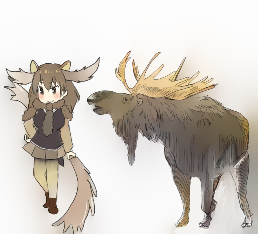 2019 animal_humanoid antlers beady_eyes biped black_clothing black_eyes black_topwear blush bottomwear breasts brown_bottomwear brown_clothing brown_fur brown_hair brown_horn brown_skirt brown_tail capreoline capreoline_humanoid cervid cervid_humanoid clothed clothing curious dewlap_(anatomy) duo eyebrows female feral footwear full-length_portrait fully_clothed fur hair hand_on_hip hatching_(art) holding_object hooves horn humanoid iceeye_ena japanese kemono_friends legwear light_skin looking_at_another male mammal moose moose_(kemono_friends) moose_humanoid necktie pleated_skirt portrait quadruped shadow shoes short_tail simple_background skirt smile snout standing sweater_vest tan_horn tan_skin thigh_highs topwear white_background