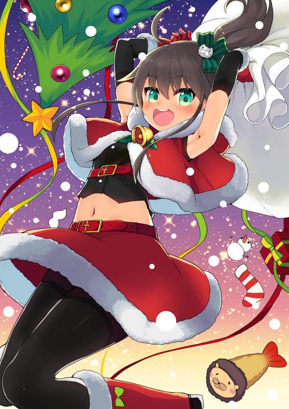 1girl :d ahoge arm_warmers armpits arms_up bangs bell belt belt_buckle black_legwear black_shirt blush boots box buckle candy candy_cane capelet christmas_ornaments christmas_stocking christmas_tree crop_top eyebrows_visible_through_hair food fur-trimmed_boots fur-trimmed_capelet fur-trimmed_gloves fur-trimmed_hood fur-trimmed_skirt fur_trim gift gift_box gloves green_eyes hair_between_eyes hair_ornament hair_ribbon holding holding_sack hololive hood hood_down hooded_capelet knee_boots looking_at_viewer midriff minamura_haruki natsuiro_matsuri navel night night_sky open_mouth pantyhose red_belt red_capelet red_footwear red_gloves red_skirt ribbon round_teeth sack santa_costume shirt side_ponytail skirt sky smile snowing snowman solo star_(sky) starry_sky striped teeth upper_teeth virtual_youtuber