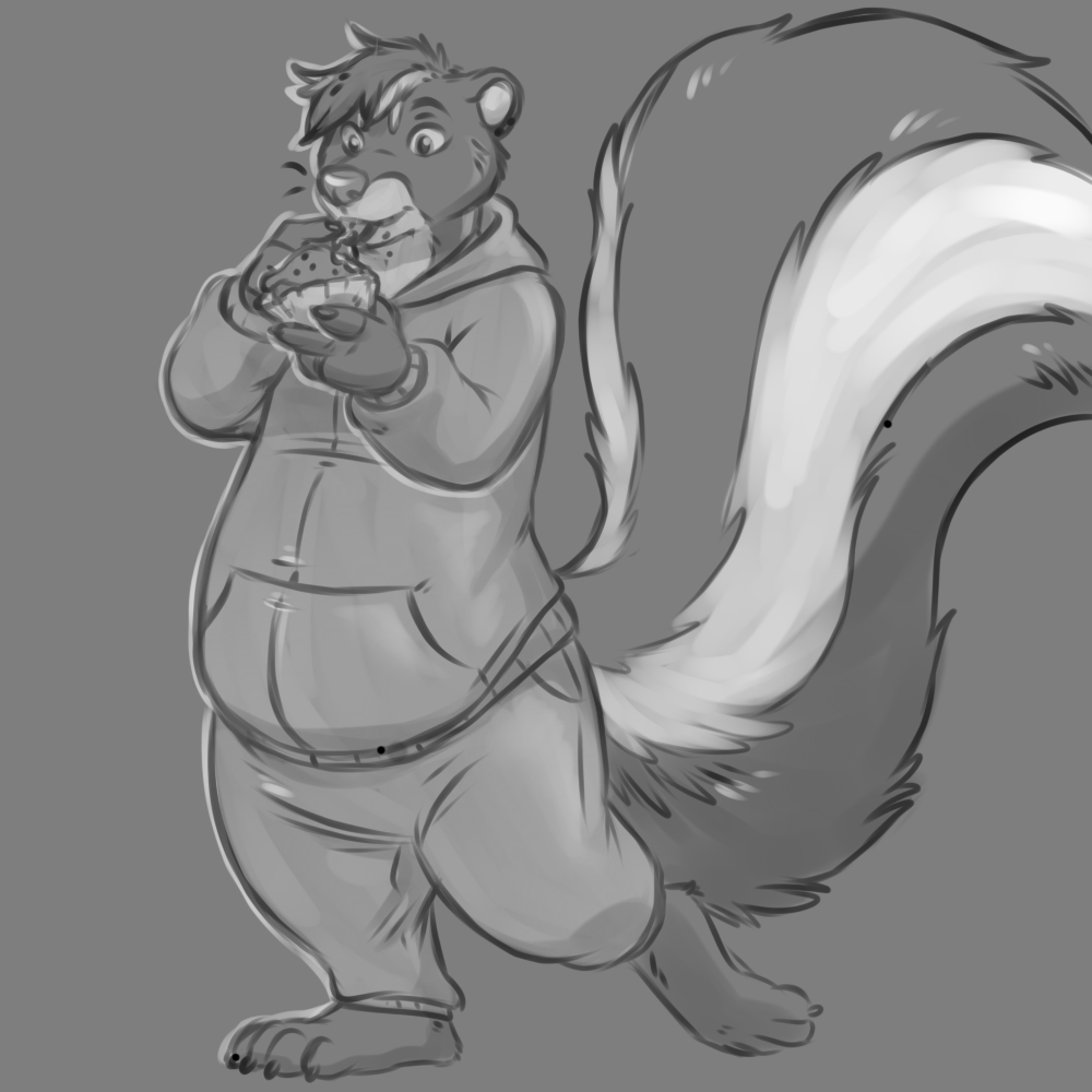 1:1 2019 aggrobadger anthro barefoot big_tail biped claws clothed clothing cupcake digital_media_(artwork) food front_view fully_clothed grey_background greyscale hair holding_food holding_object hoodie huge_tail long_tail male mammal mephitid monochrome pants plantigrade short_hair simple_background skunk solo standing toe_claws toes