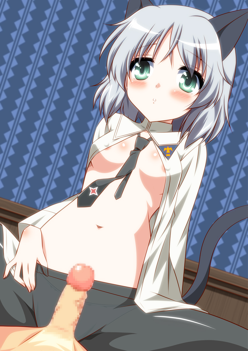1boy 1girl animal_ears areola_slip areolae black_legwear black_neckwear blush breasts cat_ears cat_tail cowgirl_position eyebrows eyebrows_visible_through_hair girl_on_top green_eyes highres imminent_sex isa_(ni-iro) navel necktie no_bra open_clothes open_mouth open_shirt panties panties_under_pantyhose pantyhose sanya_v_litvyak shiny shiny_hair shiny_skin short_hair small_breasts spread_legs straddling strike_witches tail underwear white_hair white_panties world_witches_series