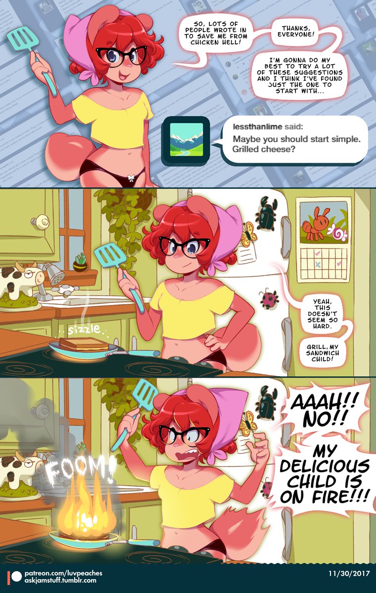 2017 anthro ask_blog biped bottomwear chipmunk clothed clothing comic cooking detailed_background dialogue female food fur grey_eyes ground_squirrel hair hi_res jam_(miu) mammal miu panties patreon pink_fur pink_nose red_fur red_hair rodent sciurid short_hair speech_bubble topwear underwear url