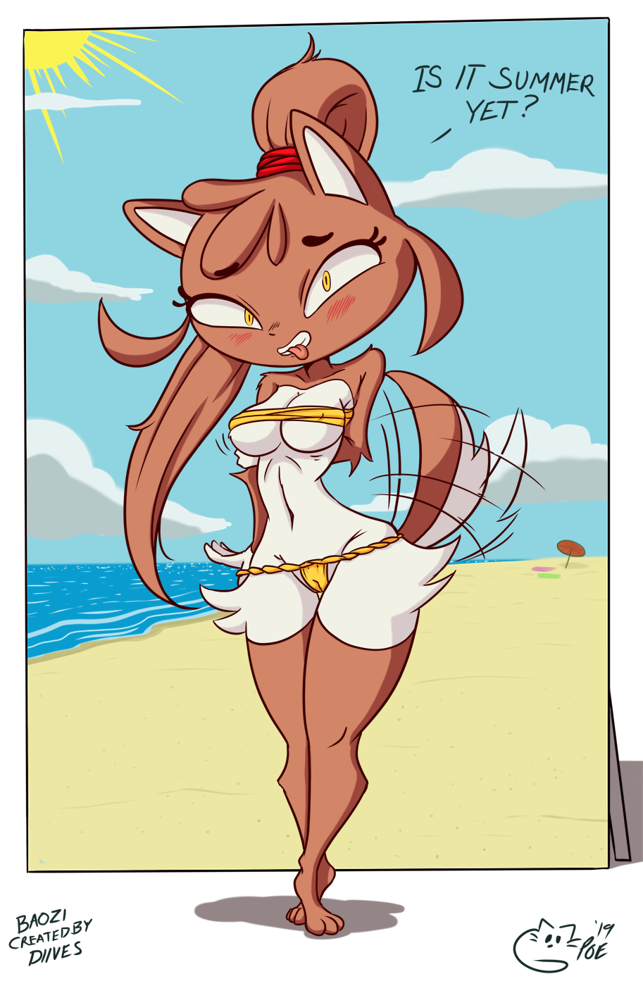 ? anthro baozi_(diives) beach biting_tongue blush breasts brown_fur camel_toe canid canine clothing day english_text female fur hi_res looking_at_viewer mammal navel nipple_outline outside panties panty_pull poethewondercat ponytail sand seaside solo tailwag text umbrella underwear water white_fur yellow_eyes