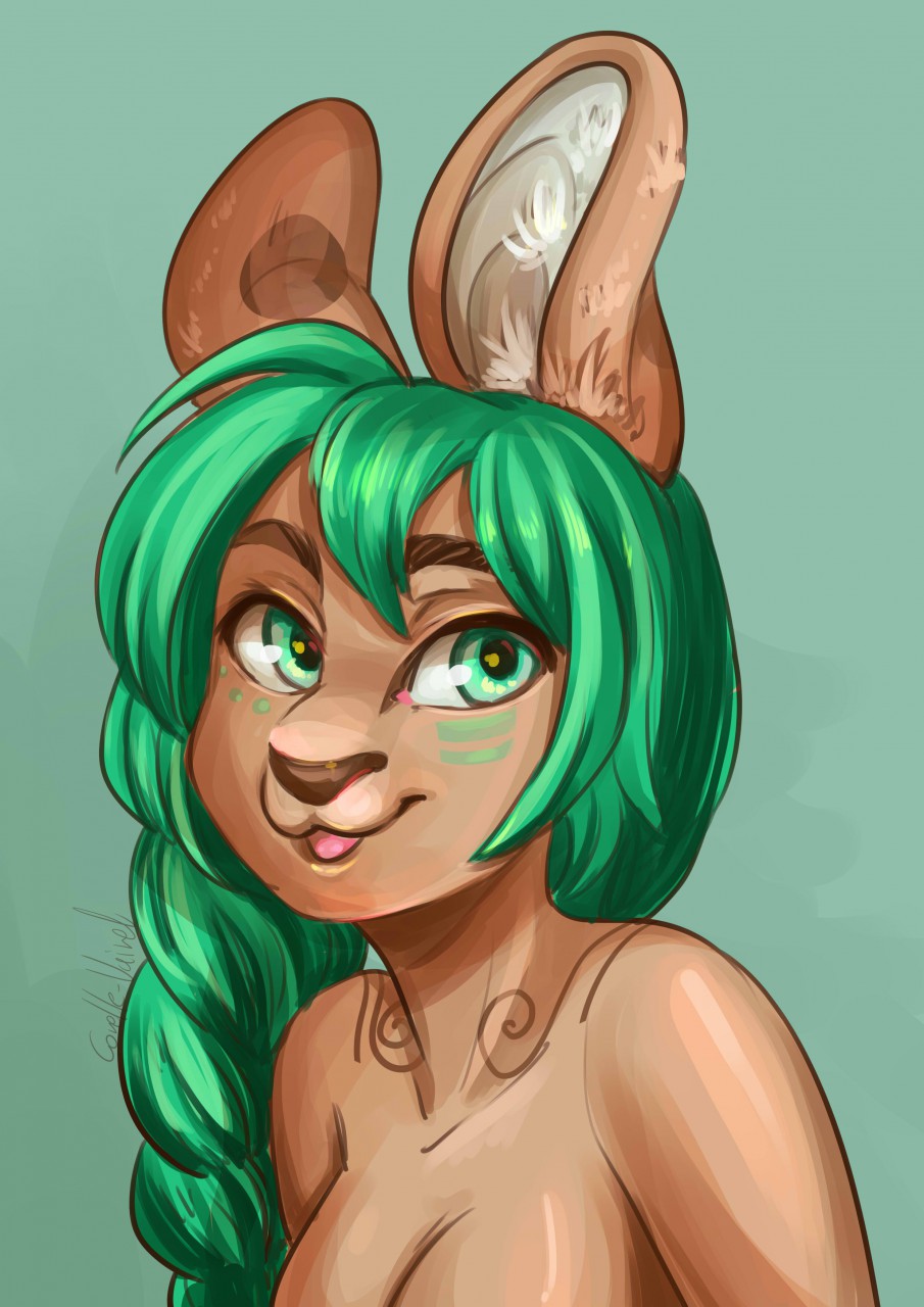 2016 anthro breasts caruncle convenient_censorship corelle-vairel female green_eyes green_hair hair hi_res lagomorph large_eyebrows leporid mammal open_mouth rabbit solo