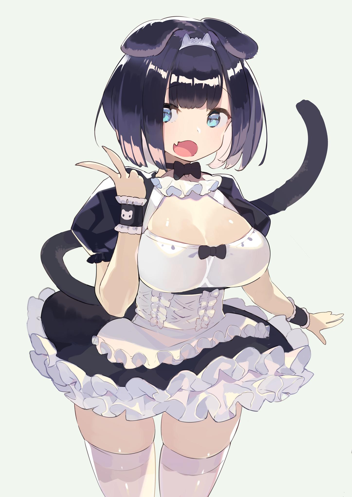animal_ears apron bangs black_bow black_hair black_skirt blush bow bow_choker breasts breasts_apart choker commentary cowboy_shot dog_ears fang frills grey_background hair_over_eyes hajime_(hajime-ill-1st) highres large_breasts maid miniskirt open_mouth original short_hair simple_background skin_fang skindentation skirt standing tail thighhighs v waist_apron white_legwear wristband