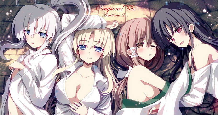 4girls arm_up bangs black_hair black_skirt blonde_hair blue_eyes blush breasts brown_eyes brown_hair campione! collarbone collared_shirt copyright_name erica_blandelli eyebrows_visible_through_hair from_above grey_eyes high_ponytail japanese_clothes kimono large_breasts liliana_kranjcar long_hair long_sleeves looking_at_viewer lying mariya_yuri medium_breasts multiple_girls novel_illustration official_art on_back on_side one_eye_closed open_clothes open_mouth open_shirt parted_lips red_eyes seishuuin_ena shirt sideboob sikorsky silver_hair skirt unbuttoned unbuttoned_shirt upper_body very_long_hair white_kimono white_shirt wide_sleeves wing_collar