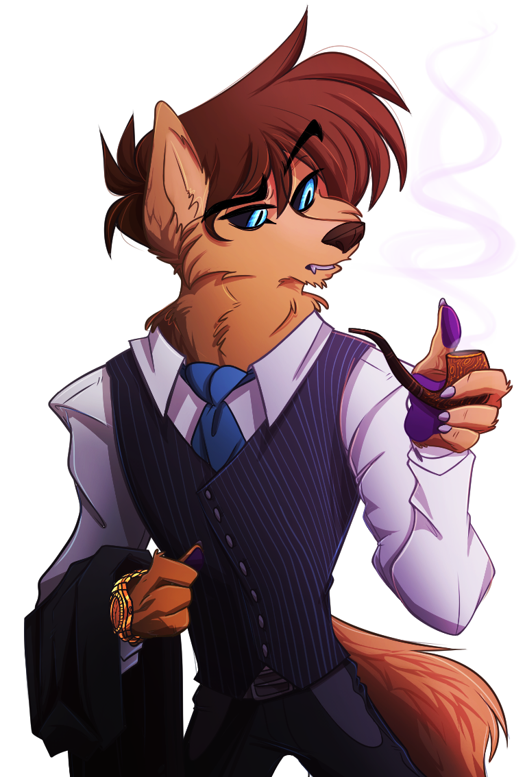 2016 4_fingers alpha_channel anthro b._wolf belt black_sclera blue_eyes brown_hair canid canine canis clock clothed clothing digital_drawing_(artwork) digital_media_(artwork) eyebrows faustisse fur hair holding_object male mammal necktie pawpads pipe purple_pawpads raised_eyebrow simple_background slit_pupils smoking solo tan_fur transparent_background vest watch wolf