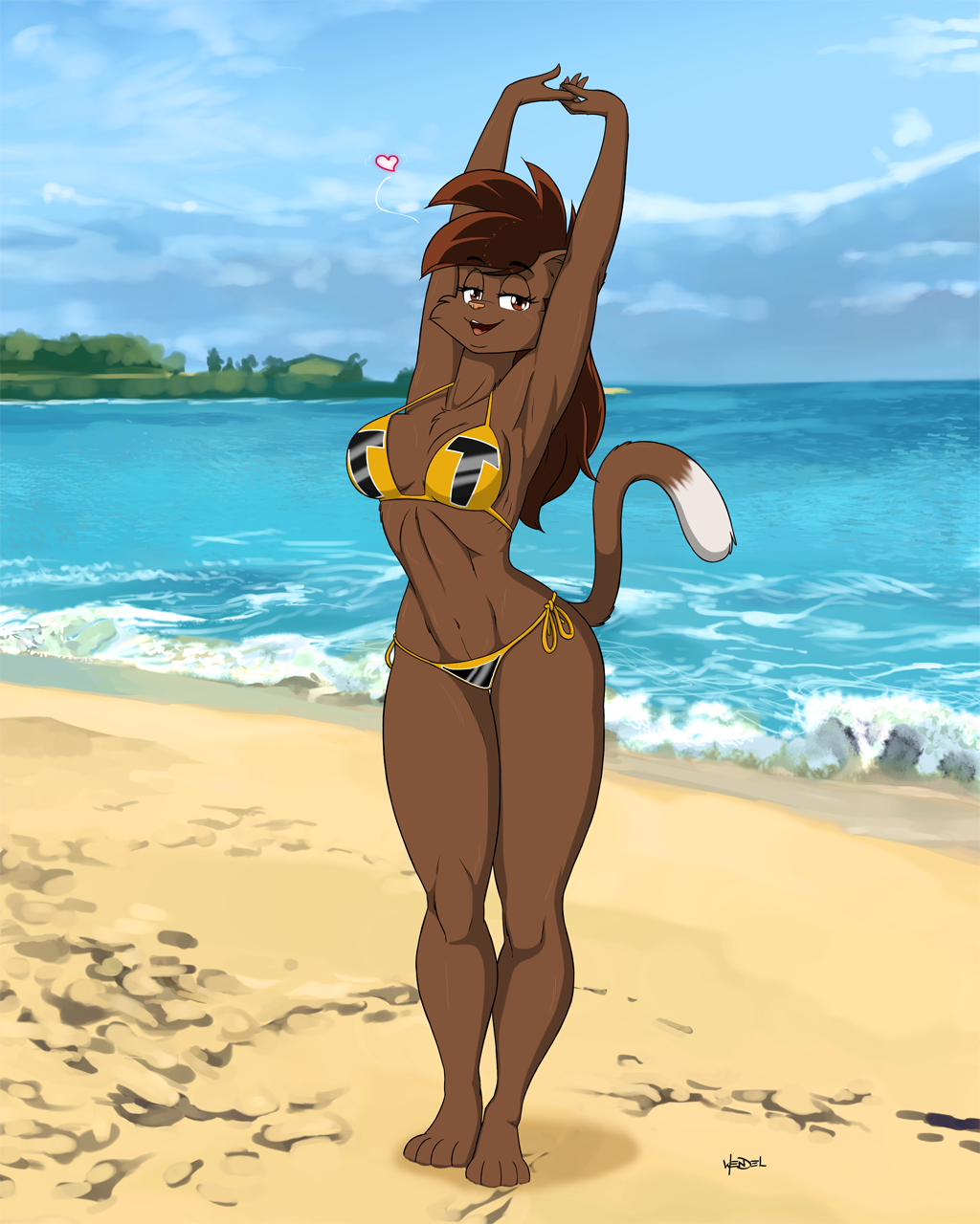 4:5 anthro beach bikini breasts brown_fur brown_hair cleavage clothed clothing deborah_bispo dipstick_tail domestic_cat felid feline felis female fur hair hi_res looking_at_viewer mammal multicolored_tail seaside smile solo stretching swimwear wendel_fragoso