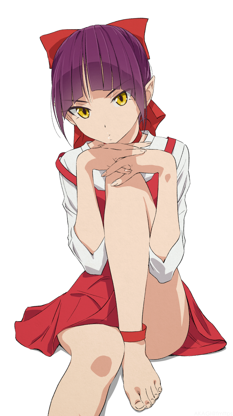 1girl akagi_(fmttps) barefoot bow choker commentary_request dress eyebrows_visible_through_hair gegege_no_kitarou hair_bow highres long_sleeves looking_at_viewer nekomusume nekomusume_(gegege_no_kitarou_6) pointy_ears purple_hair red_bow red_choker red_dress shirt short_hair simple_background sitting solo white_background white_shirt yellow_eyes