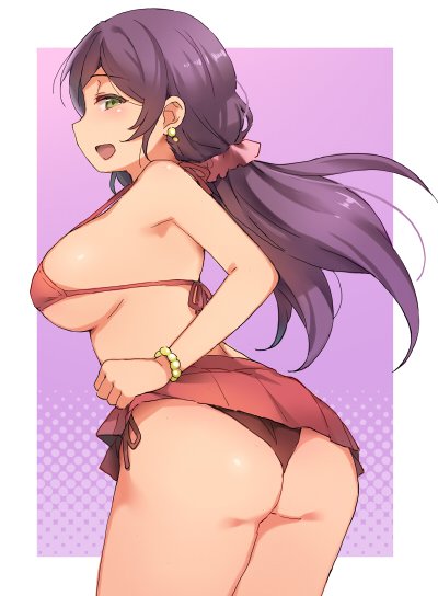 1girl :d ass bikini bikini_skirt bracelet breasts clenched_hand deyuuku earrings green_eyes hair_ornament hair_scrunchie half-closed_eyes halterneck jewelry large_breasts long_hair looking_at_viewer love_live! love_live!_school_idol_project open_mouth pink_scrunchie purple_background purple_hair red_bikini scrunchie side-tie_bikini sideboob skirt skirt_lift smile solo swimsuit toujou_nozomi twintails