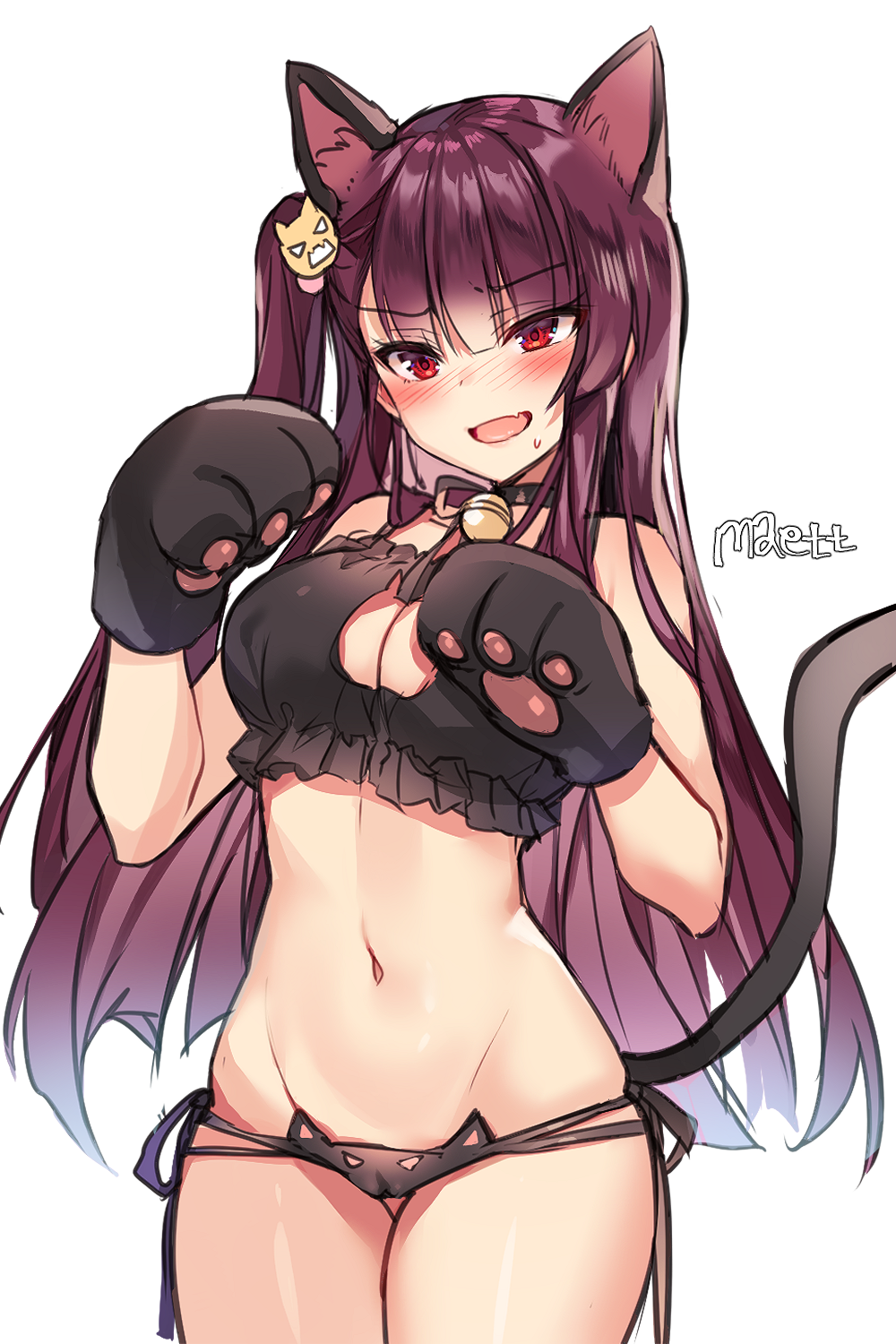 1girl :d animal_ears bangs bell black_panties blush bra breasts cameltoe cat_cutout cat_ear_panties cat_ears cat_hair_ornament cat_lingerie cat_tail choker cleavage cleavage_cutout cowboy_shot embarrassed eyebrows_visible_through_hair fang frilled_bra frills frown girls_frontline gloves groin hair_ornament hair_ribbon highres jingle_bell kemonomimi_mode large_breasts lingerie long_hair looking_at_viewer maett meme_attire navel one_side_up open_mouth panties paw_gloves paws purple_hair red_eyes ribbon side-tie_panties sidelocks simple_background smile solo standing stomach sweat tail underwear underwear_only very_long_hair wa2000_(girls_frontline) white_background