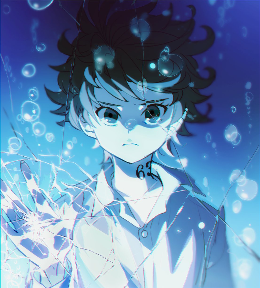 1girl air_bubble broken_glass bubble closed_mouth crack cracked emma_(yakusoku_no_neverland) glass grey_eyes hand_up highres ke02152 long_sleeves looking_at_viewer neck_tattoo number_tattoo shirt short_hair simple_background solo standing tattoo touching underwater water white_shirt yakusoku_no_neverland