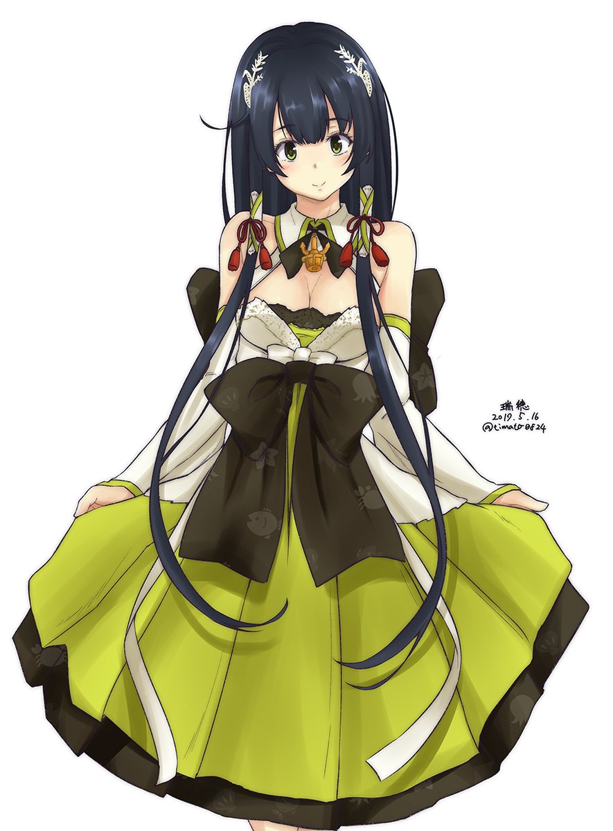 1girl ahoge black_hair breasts character_name cleavage cowboy_shot dated detached_collar detached_sleeves dress dress_lift eyebrows_visible_through_hair green_dress green_eyes hair_ribbon hair_tubes highres kantai_collection lifted_by_self long_hair looking_at_viewer mizuho_(kantai_collection) ribbon sidelocks simple_background smile solo timato twitter_username very_long_hair white_background