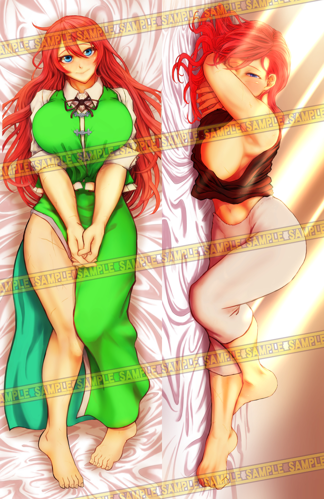 1girl bed_sheet black_shirt blue_eyes blush breasts china_dress chinese_clothes collared_shirt commentary commentary_request dakimakura dress embarrassed feet frilled_shirt frills hands_together highres hong_meiling huge_breasts koyubi_(littlefinger1988) long_hair looking_at_viewer lying muscle muscular_female navel necktie red_hair sample scar shirt shorts sideboob sleeves_rolled_up smile solo squeezing sunlight tangzhuang thighs touhou white_shirt