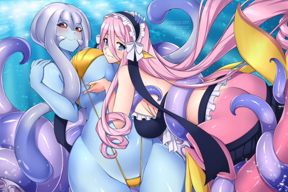 animal_humanoid bikini black_clothing black_topwear blue_eyes blue_skin blush breasts butt butt_from_the_front camel_toe cephalopod cephalopod_humanoid clothed clothing convenient_censorship duo frilly front_view hair hand_on_breast hand_on_head holding_breast humanoid light_skin lindaroze_(artist) looking_at_viewer maid_hat marine marine_humanoid merfolk meroune_lorelei_(monster_musume) mollusk mollusk_humanoid monster_musume oct_(monster_musume) octopus octopus_humanoid pink_hair pink_scales rear_view red_eyes scales skimpy sling_bikini swimwear tentacles three-quarter_view topwear underwater water webbed_hands
