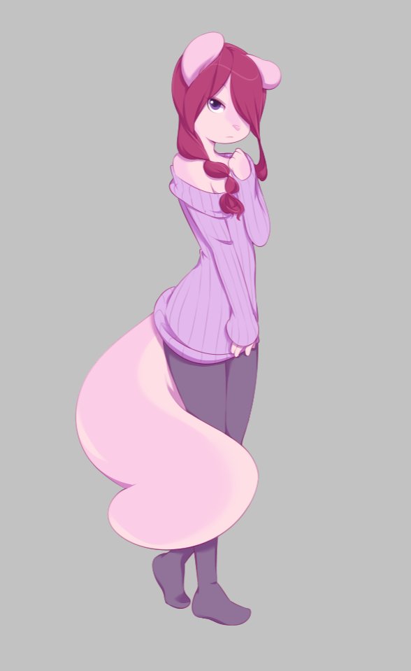 anthro big_tail biped boysie_(miu) clothed clothing female full-length_portrait fully_clothed fur grey_background grey_clothing hair hair_over_eye light_fur long_hair long_tail looking_at_viewer mammal miu multicolored_fur pink_fur pink_hair pink_nose portrait purple_clothing purple_eyes rodent sciurid simple_background solo standing tree_squirrel two_tone_fur