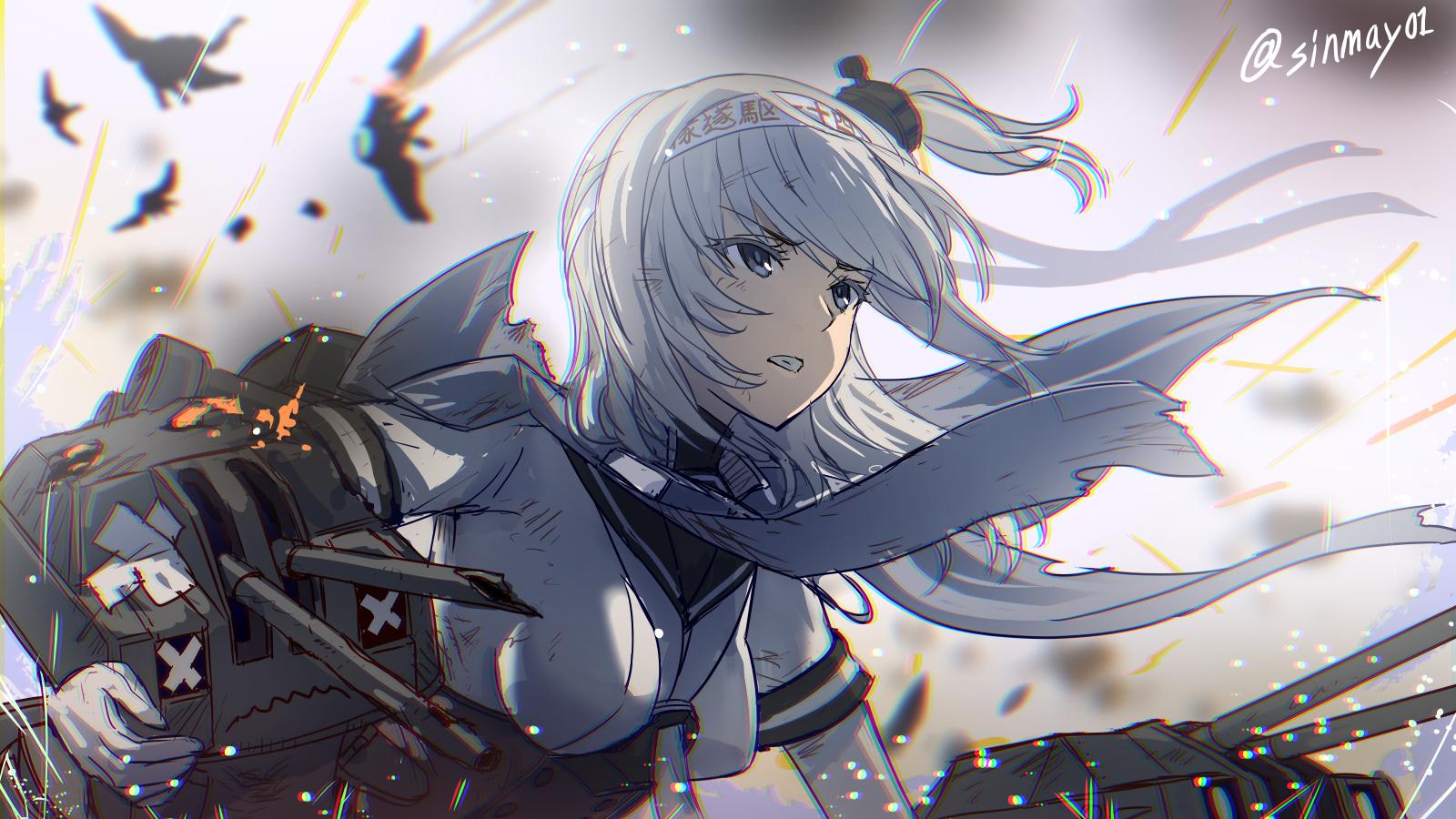 1girl abyssal_patrolling_attack_hawk blue_eyes bodysuit breasts cape chou-10cm-hou-chan_(suzutsuki's) clothes_writing commentary_request eyebrows_visible_through_hair gloves grey_cape grey_neckwear hachimaki headband highres kantai_collection long_hair looking_up medium_breasts neckerchief one_side_up school_uniform serafuku shinmai_(kyata) silver_hair suzutsuki_(kantai_collection) twitter_username upper_body wavy_mouth white_bodysuit white_gloves white_headband x_x