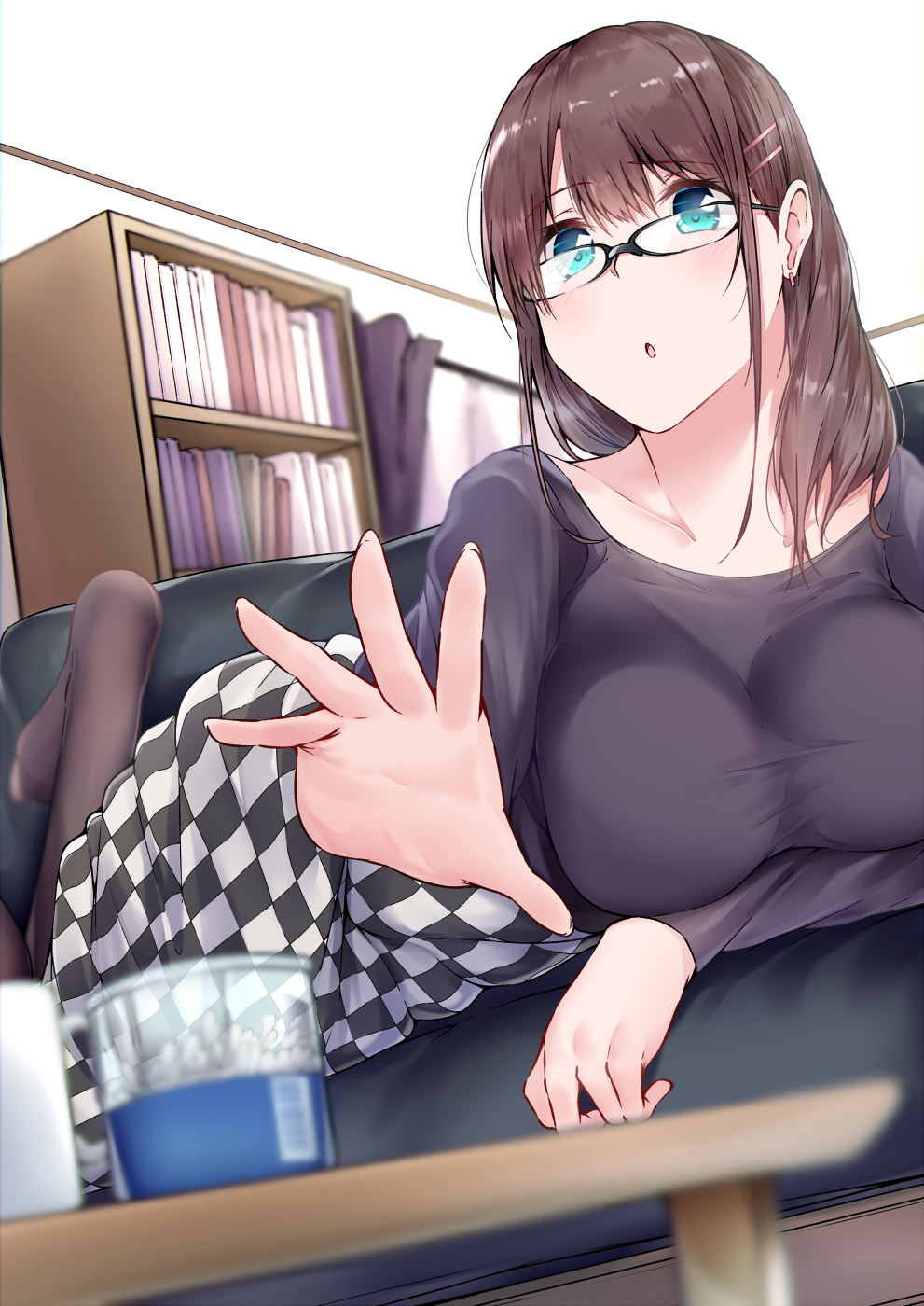 1girl black_legwear black_sweater blue_eyes blush book bookshelf breasts brown_hair checkered checkered_skirt collarbone commentary_request curtains earrings glasses highres indoors jewelry large_breasts long_hair open_mouth original outstretched_hand pantyhose skirt sweater table window yuu-kun_(linke_hand)