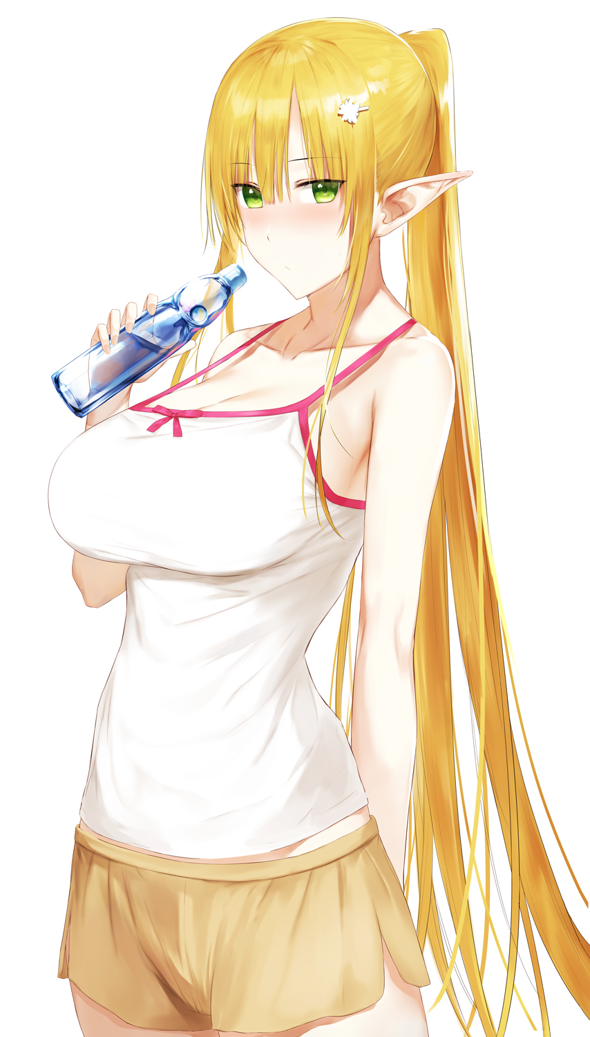 1girl akitaka_akita bare_shoulders blonde_hair blush bottle breasts brown_shorts camisole cleavage collarbone cowboy_shot elf green_eyes hair_ornament hairclip highres holding holding_bottle large_breasts long_hair original pointy_ears ponytail ramune shorts sidelocks simple_background sleeveless solo white_background
