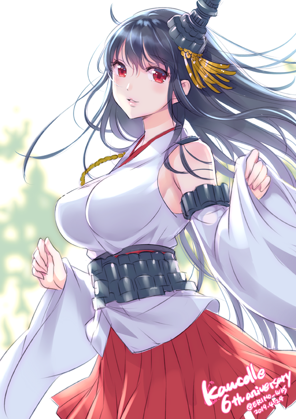 1girl anniversary black_hair breasts commentary_request copyright_name cowboy_shot detached_sleeves fusou_(kantai_collection) hair_ornament kantai_collection large_breasts long_hair looking_at_viewer nishimura_eri nontraditional_miko pleated_skirt red_eyes red_skirt skirt smile solo