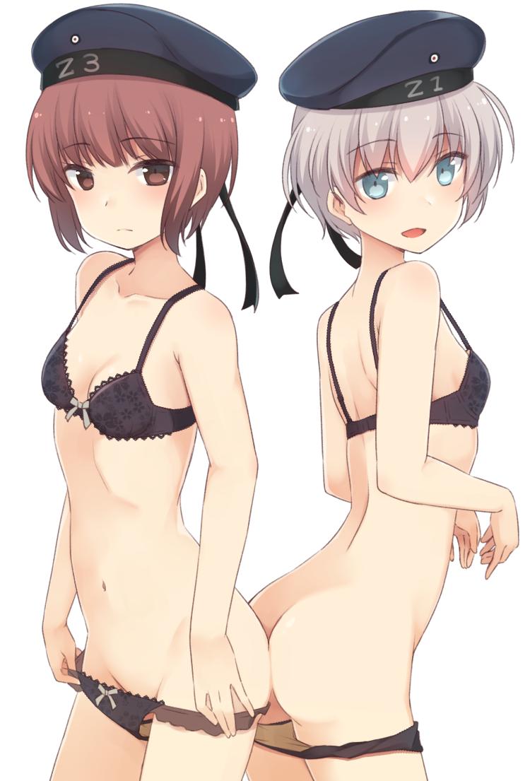 2girls :d ass ass-to-ass bangs bare_arms bare_shoulders beret black_bra black_headwear black_panties black_ribbon blue_eyes blush bow bow_bra bow_panties bra breasts brown_eyes brown_hair character_name cleavage closed_mouth clothes_writing collarbone cowboy_shot eyebrows_visible_through_hair from_side groin hair_between_eyes hat kantai_collection leaning_forward looking_at_viewer looking_to_the_side multiple_girls nagami_yuu navel open_mouth panties panty_pull pulled_by_self ribbon short_hair silver_hair simple_background small_breasts smile snake strap_gap underwear underwear_only white_background z1_leberecht_maass_(kantai_collection) z3_max_schultz_(kantai_collection)