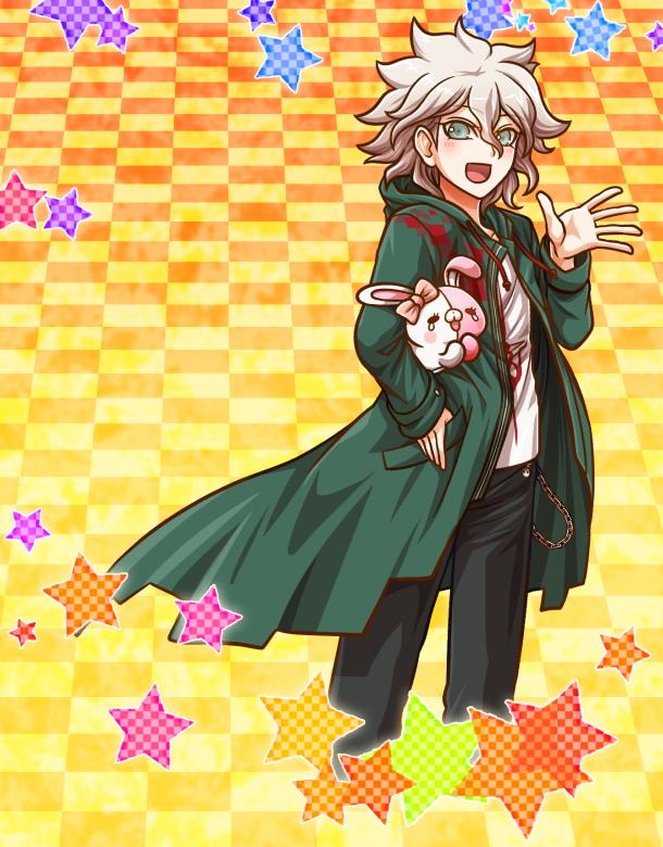 1girl :d black_pants blue_eyes chain checkered checkered_background danganronpa floating_hair green_coat hair_between_eyes hood hood_down hooded_coat komaeda_nagito looking_at_viewer monomi open_mouth outstretched_hand pants print_shirt shirt silver_hair smile solo standing super_danganronpa_2 white_shirt yellow_background yumaru_(marumarumaru)