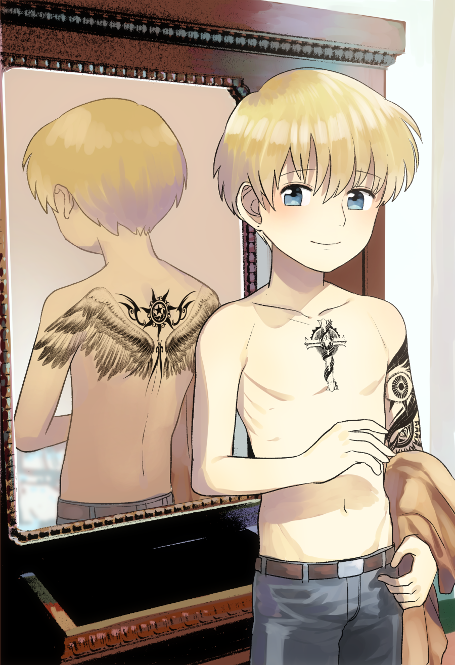 1boy belt blonde_hair blue_eyes blush denim hair_between_eyes highres jeans looking_at_viewer male_focus navel no_nipples original pants reflection smile solo tattoo wadani_hitonori