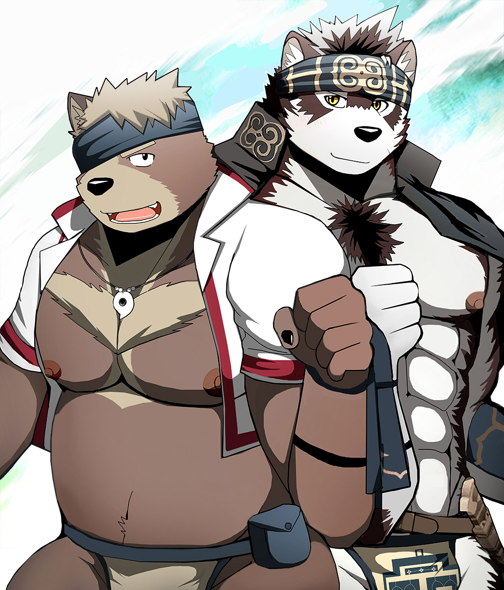 abs anthro bandanna bearlovestiger13 biceps brown_fur canid canine canis clothed clothing duo fur horkeukamui kimun_kamui loincloth male mammal multicolored_fur muscular muscular_male navel nipples pecs pendant slightly_chubby tan_fur tokyo_afterschool_summoners topwear two_tone_fur ursid video_games white_fur wolf