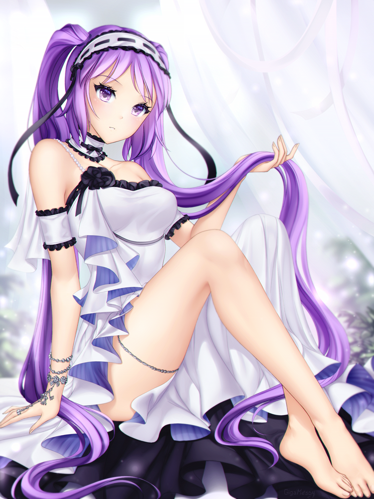 1girl absurdly_long_hair arm_support bangs bare_legs bare_shoulders barefoot black_flower black_rose blush bracelet breasts choker crossed_legs curtains dress euryale fate/grand_order fate/hollow_ataraxia fate_(series) fingernails flower full_body gigamessy hair_ornament hairband head_tilt holding holding_hair jewelry lolita_hairband long_hair looking_at_viewer makeup medium_breasts parted_lips purple_eyes purple_hair rose sitting solo standing thighs two_side_up very_long_hair white_dress