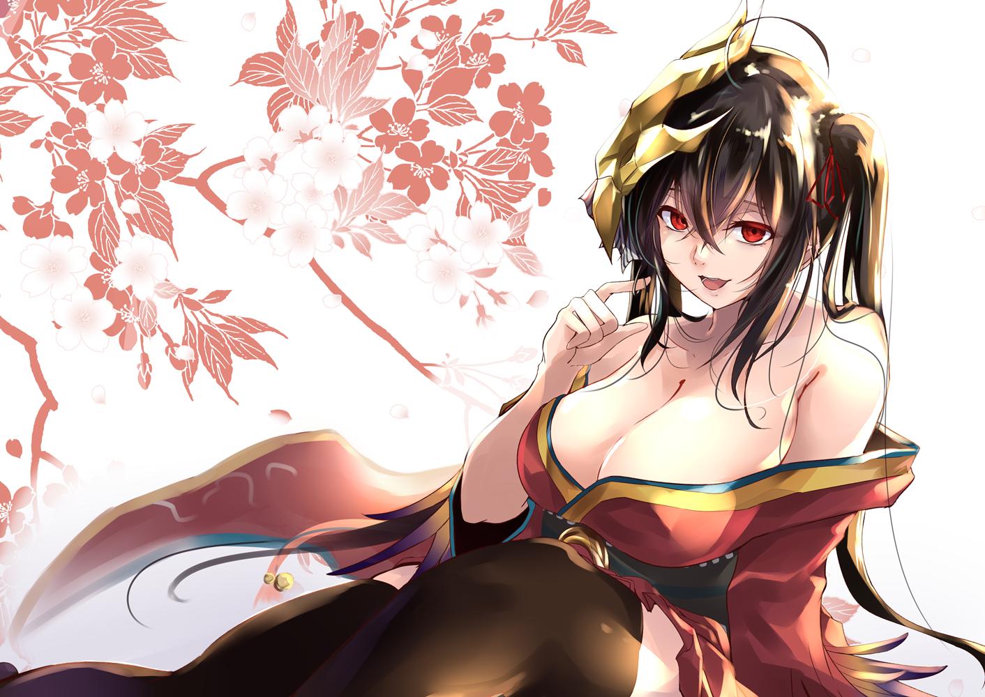 1girl :d ahoge azur_lane bangs bare_shoulders black_hair black_legwear blush breasts cleavage collarbone endou_(zettai_bluenoid) eyebrows_visible_through_hair hair_between_eyes hair_twirling hakama hakama_skirt huge_breasts japanese_clothes kimono large_breasts long_hair looking_at_viewer mask mask_on_head off_shoulder open_mouth red_eyes red_hakama red_kimono sitting smile solo taihou_(azur_lane) thighhighs twintails very_long_hair