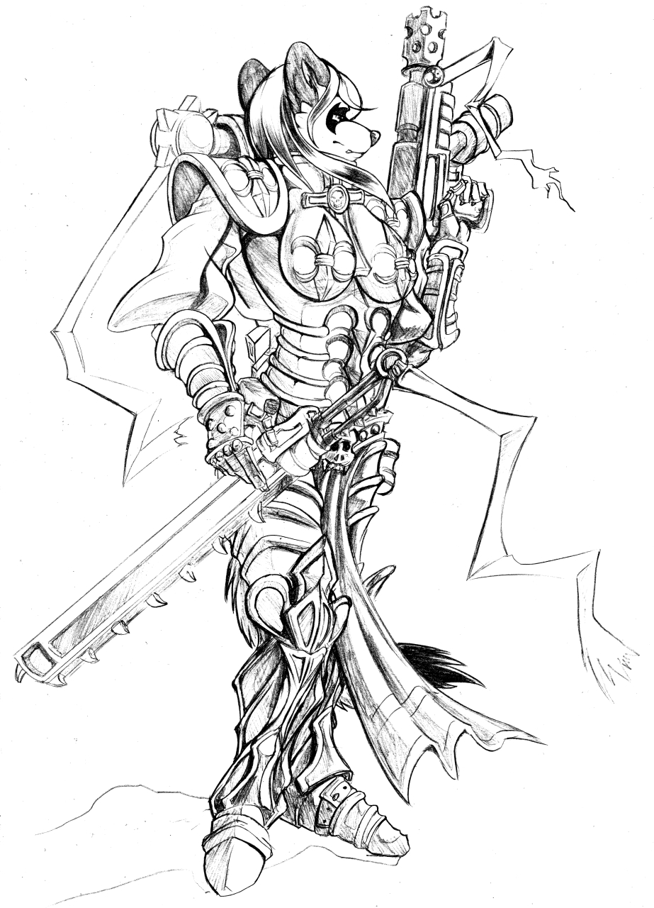 2019 5_fingers anthro armor biped blade boneitis boots clothed clothing female footwear hair hi_res humanoid_hands inks mammal monochrome robe solo weapon